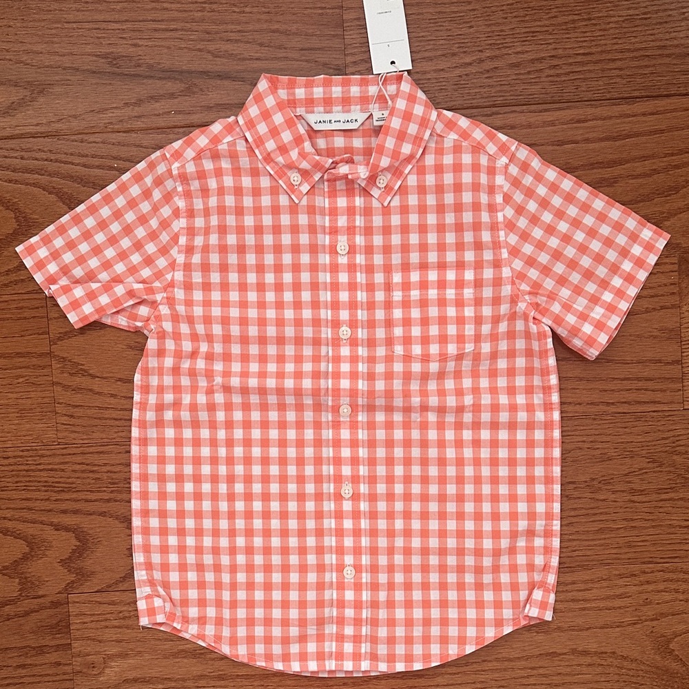NWT - Janie and Jack Coral & White Gingham Short-Sleeve Button-Down Shirt - 5